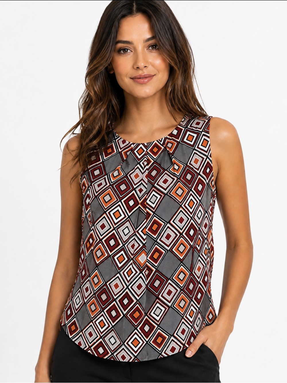 Nine West Geometric Diamond Print Sleeveless Blouse Red Orange Gray Size M